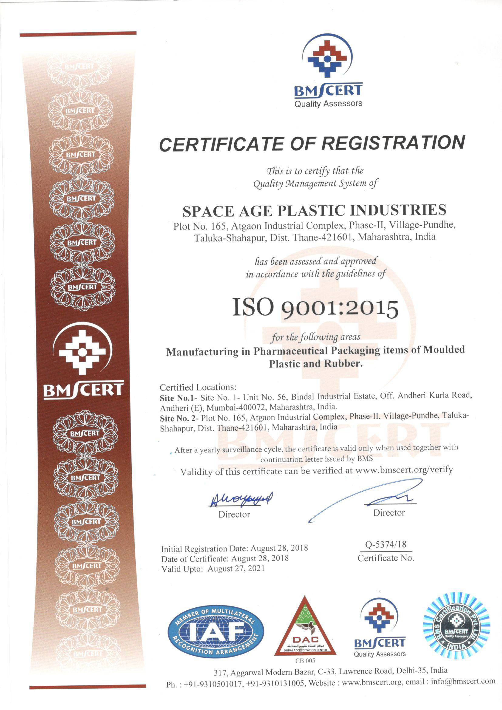 Registration certificate of space age plastic industries